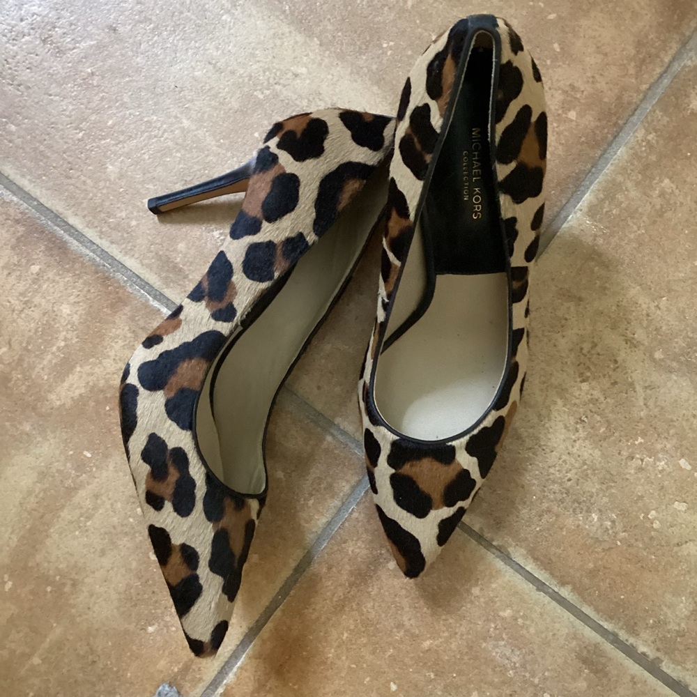Michael Kors collection black label calf fur animal print leopard kitten heels